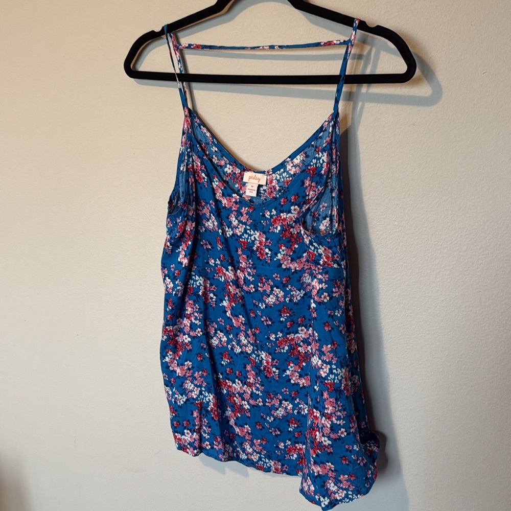 Pixley Tank Top Spaghetti Strap Bright Blue Floral Womens Medium Made USA Rayon - Picture 7 of 7
